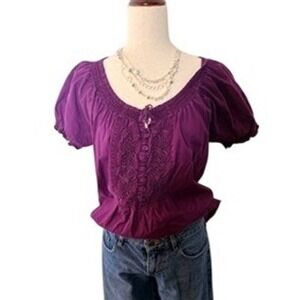 St Johns Bay Purple Embroidered Button Front Peasant Blouse Women's Large